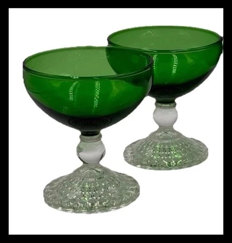 Vintage Set Of 2 Anchor Hocking FOREST GREEN BUBBLE Foot Champagne Sherbet Glass