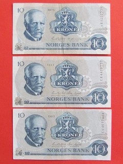 NORWAY ( 1973 83 ) 3X10 KRONER HIGH GRADE RARE COLLECTABLE BANKNOTE GEF