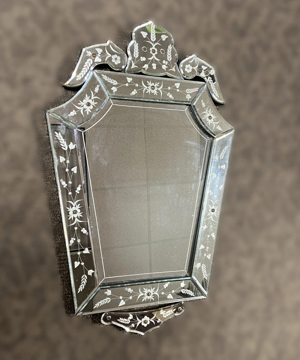 Antique Venetian Etched Beveled Glass Mirror , 32" Tall x 19" Wide