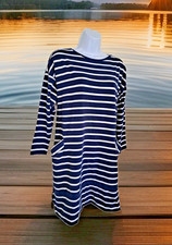 Marla Wynne Dress Sm Blue Striped Shift Pockets Casual Knit Nautical Resort Wear