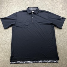 FootJoy Polo Shirt Mens Large Navy Blue Floral Trim Golf Performance FJ Logo