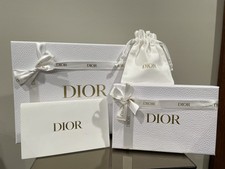 DIOR White Textured Gift Boxes Set 12.5x8.5x4.5"  8x5.5x3" Gold Embossed Ribbon