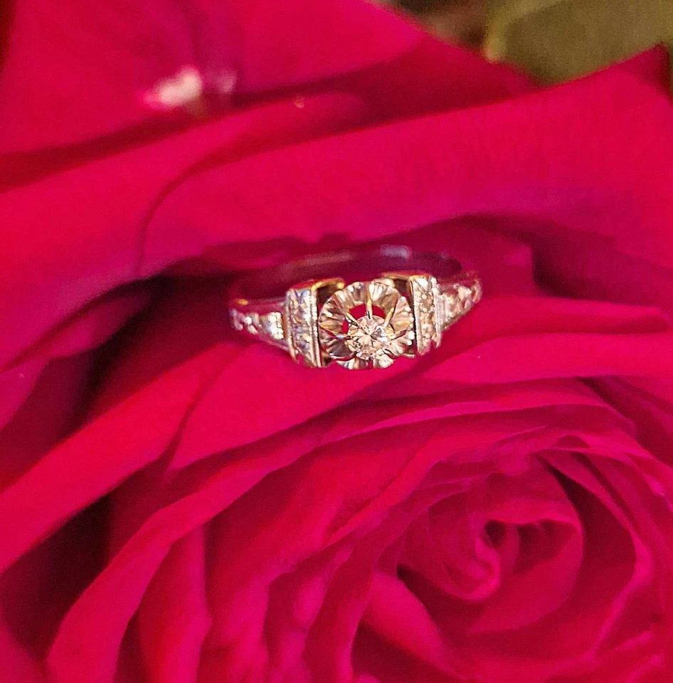 SPLENDIDE BAGUE ANCIENNE ART DECO OR BLANC 18 CT ET DIAMANTS - Photo 2/4