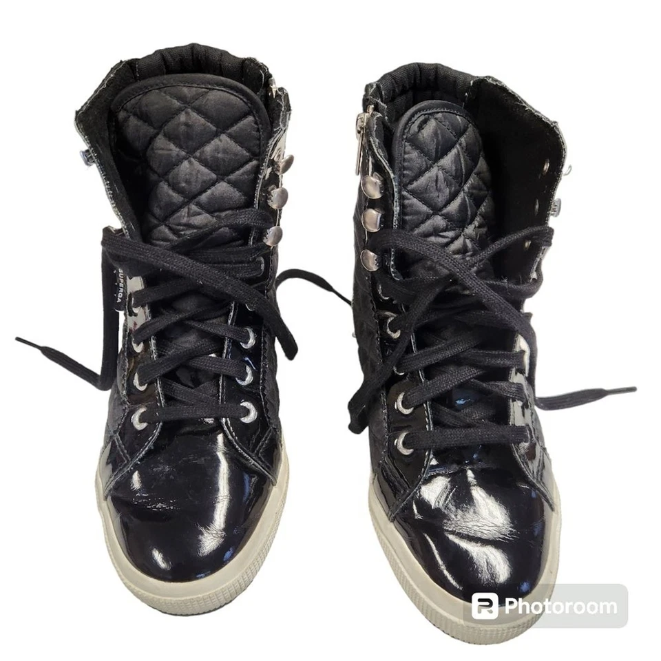 Botas Deportivas Superga Negras Con Cordones Cremallera Lateral Acolchadas Charol EU 38 US 7.5 Foto 3 de 4