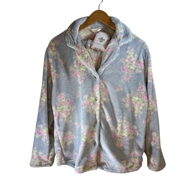 Shabby Chic Womens Pajama Set Grey Floral Plush Soft Long Sleeve Pants XL