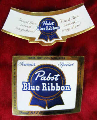 PABST BLUE RIBBON BEER 1955 ONE BOTTLE & ONE NECK MINIATURE BOTTLE LABELS
