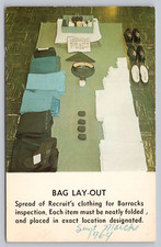 Postcard IL Bag Lay-Out Spread Recruits Clothing Barracks Inspection c1964 J8