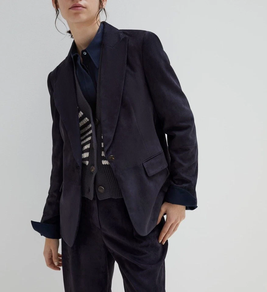 Синий кожаный блейзер для женщин чисто замши официальный одна кнопка пальто XS S M L XL-235 - Изображение 3 из 4