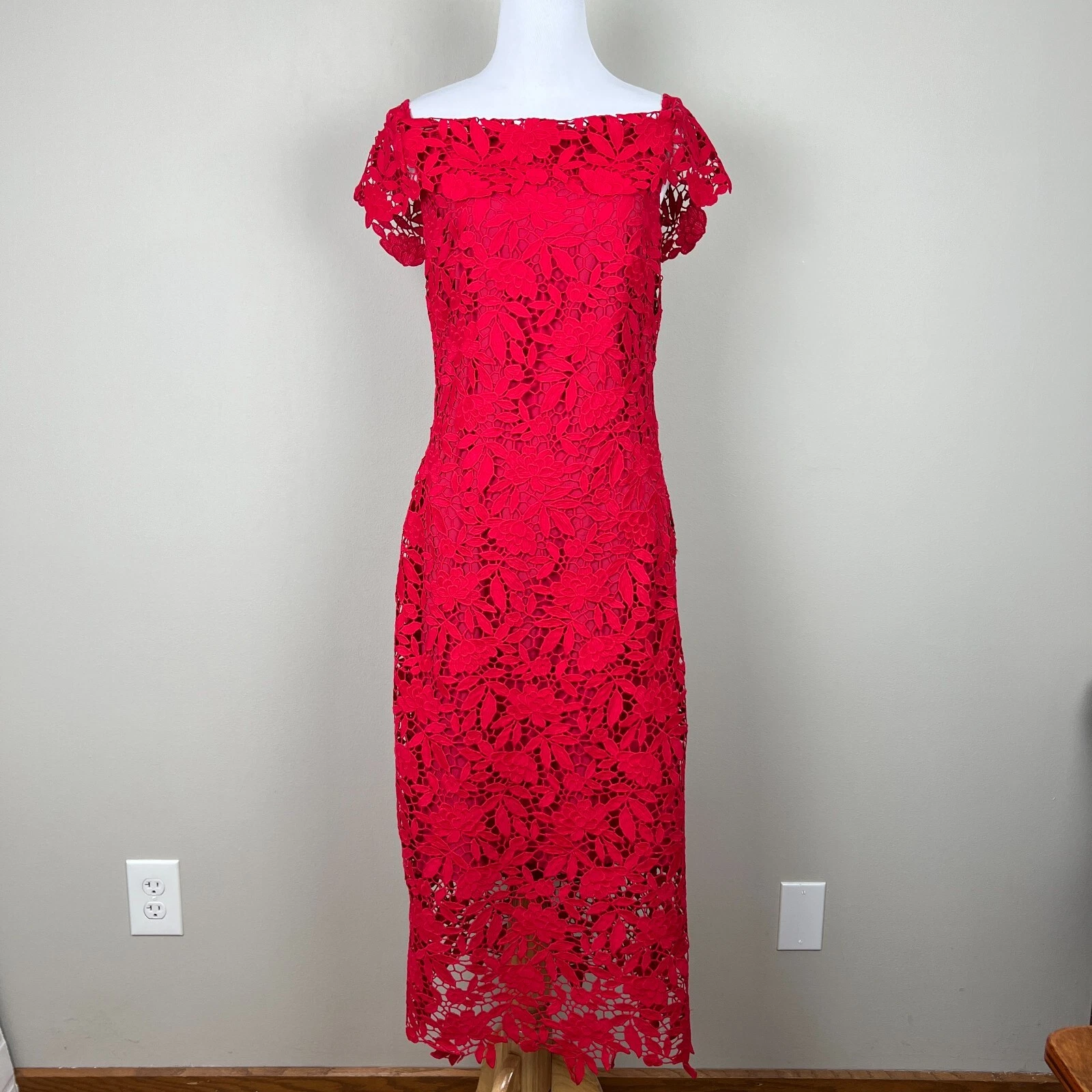 VALENTINO Abito Anthropologie Shoshanna donna 8 rosso pizzo tubino spalle scoperte aderente sexy