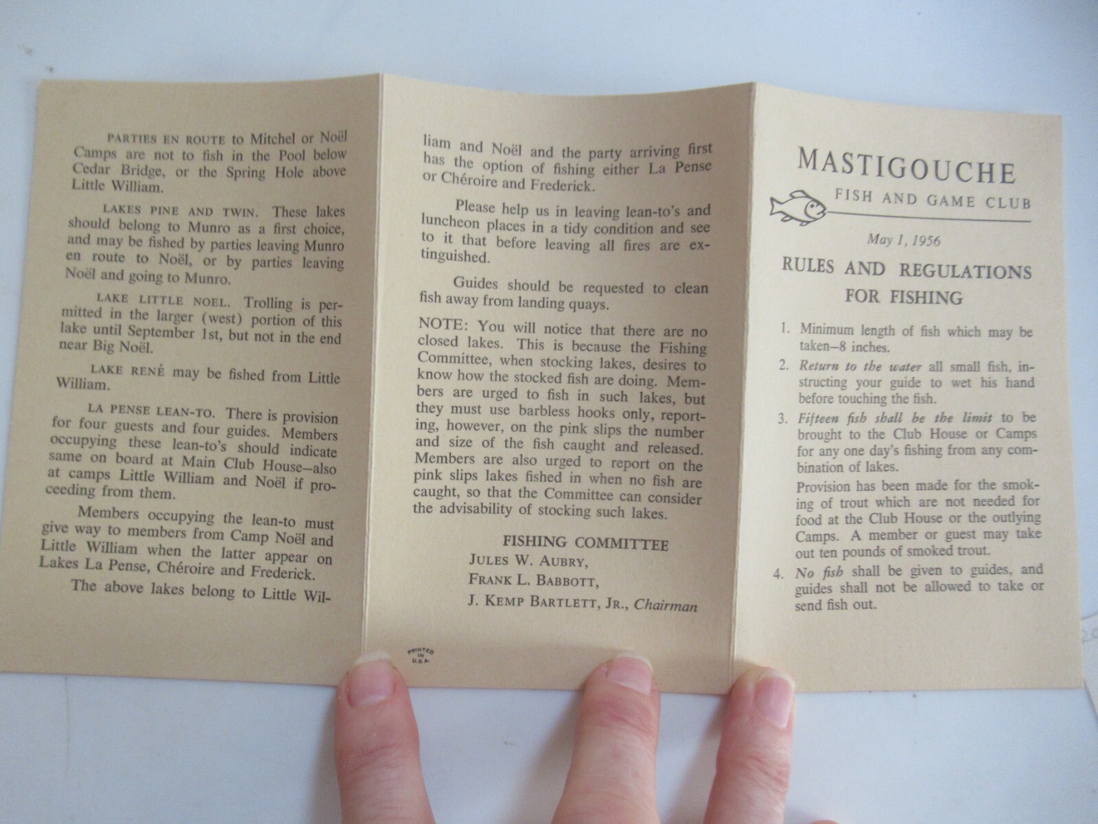 1956 Mastigouche Fish and Game Club May 1, 1956 Rules & Regs for