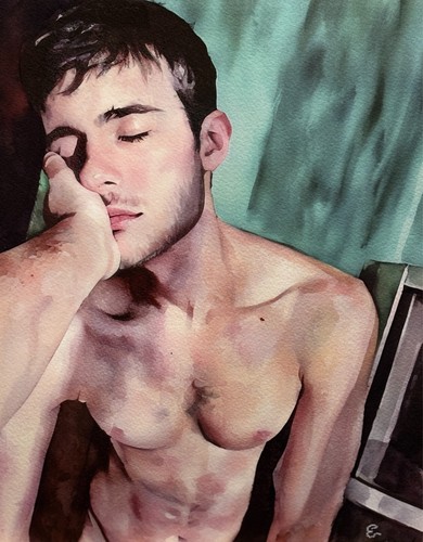 Nude Male, Gay Art Painting, original watercolor by artist Eric Fisher