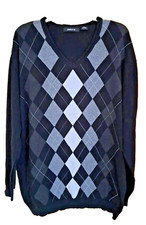 Claiborne Men's Sz XXL Sweater Black White Gray Argyle Vneck Long Sleeve Cotton