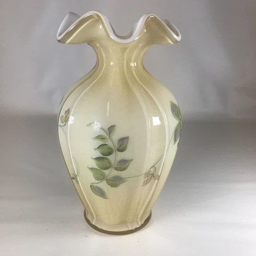 Fenton hand painted Fluted Vase Honey Glass Cased Signed S.Smith 7.5”tall