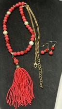 Tassel Pendant 29  Pink Beaded Necklace  Earrings Set - Gold Tone - Seed Beads