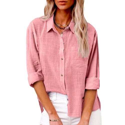 Women Linen Cotton Shirt Button Up Tops Long Sleeve Casual Loose Blouse Casual - Bild 40 von 48