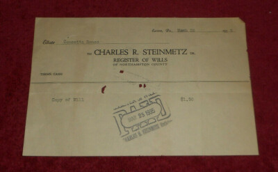 1935 Charles R Steinmetz Register of Wills Northampton County Billhead Easton PA