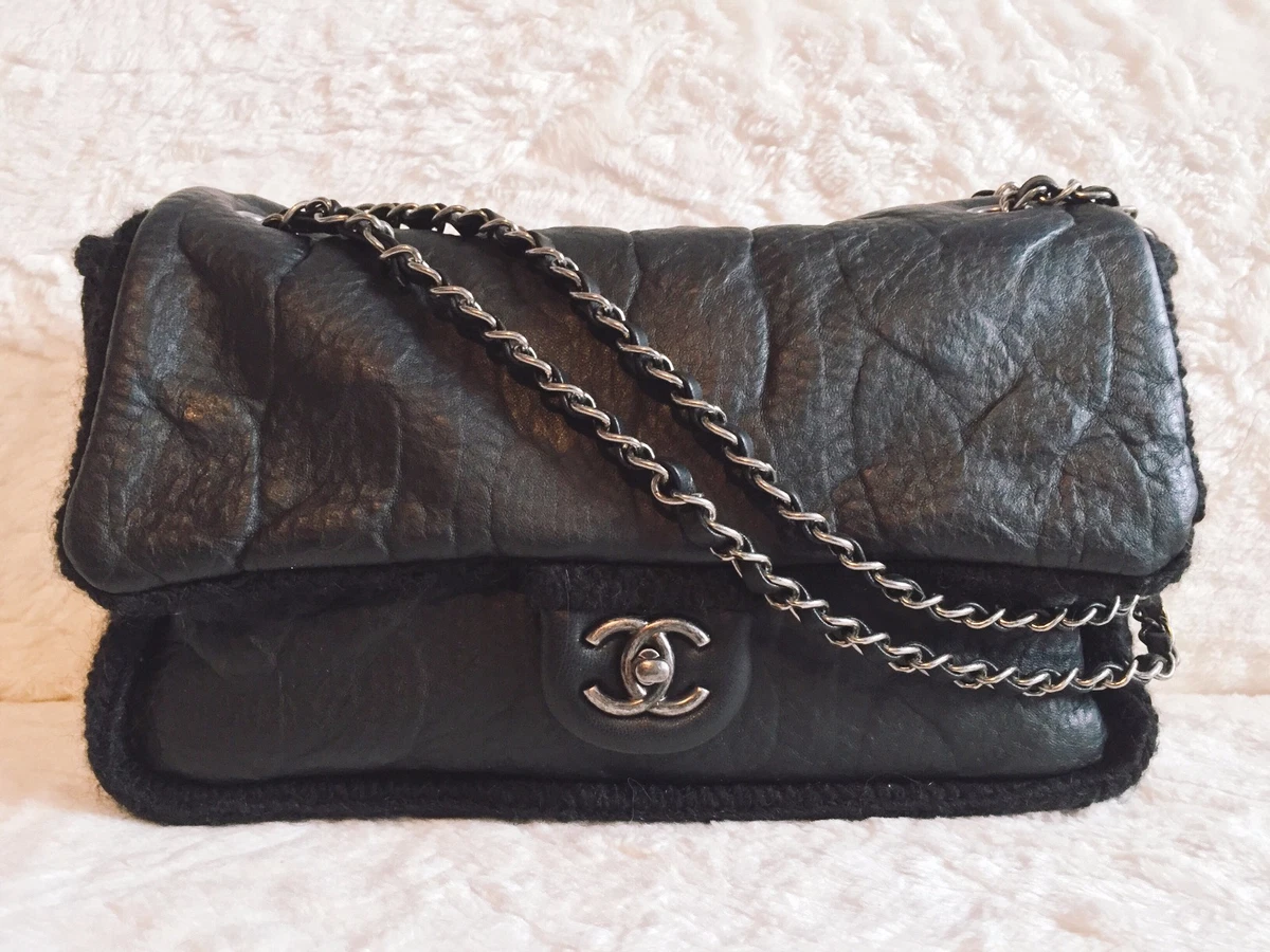 AUTH Black CHANEL Sheepskin Leather and Wool Knit MED Flap Bag - retail  $4500