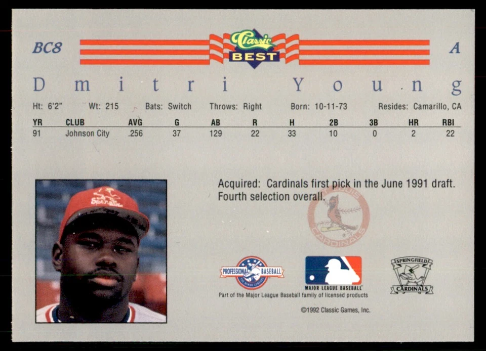 1992 Classic Best Dmitri Young Baseball Cards #BC8 - Image 2 of 2