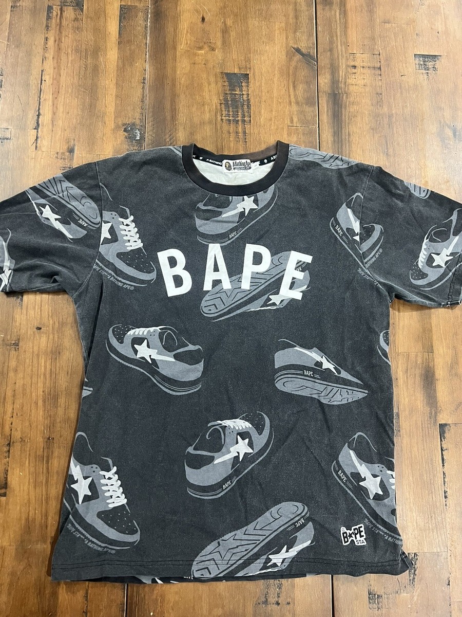 A Bathing Ape Shirt Mens L Bape STA Random Tee Black Shoe AOP