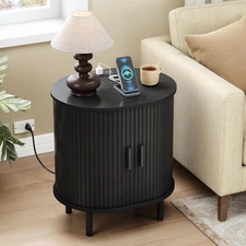 Oval End Table with Storage & Charging Station, Fluted Accent Side Table with Sl
