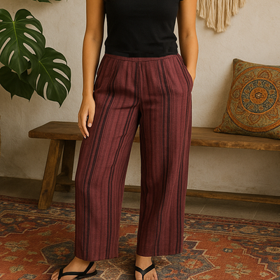 #ad NWT $125 KLEEN L Burgundy Black Striped Linen Pull On Sierra Pants Pockets $86.45