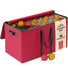 Large 128 Christmas Ornament Storage Box, Adjustable Compartment Dividers, Red
