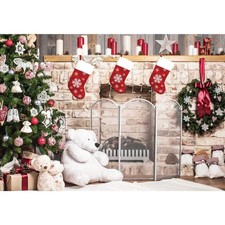 10x8ft Christmas Fireplace Backdrop for Photography Xmas Tree Socks Decoratio...