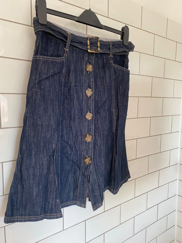 NEXT Button Front Denim Skirt Size 10 A-Line Leopard Buckle Belt Prairie Peasant - Image 2 of 4