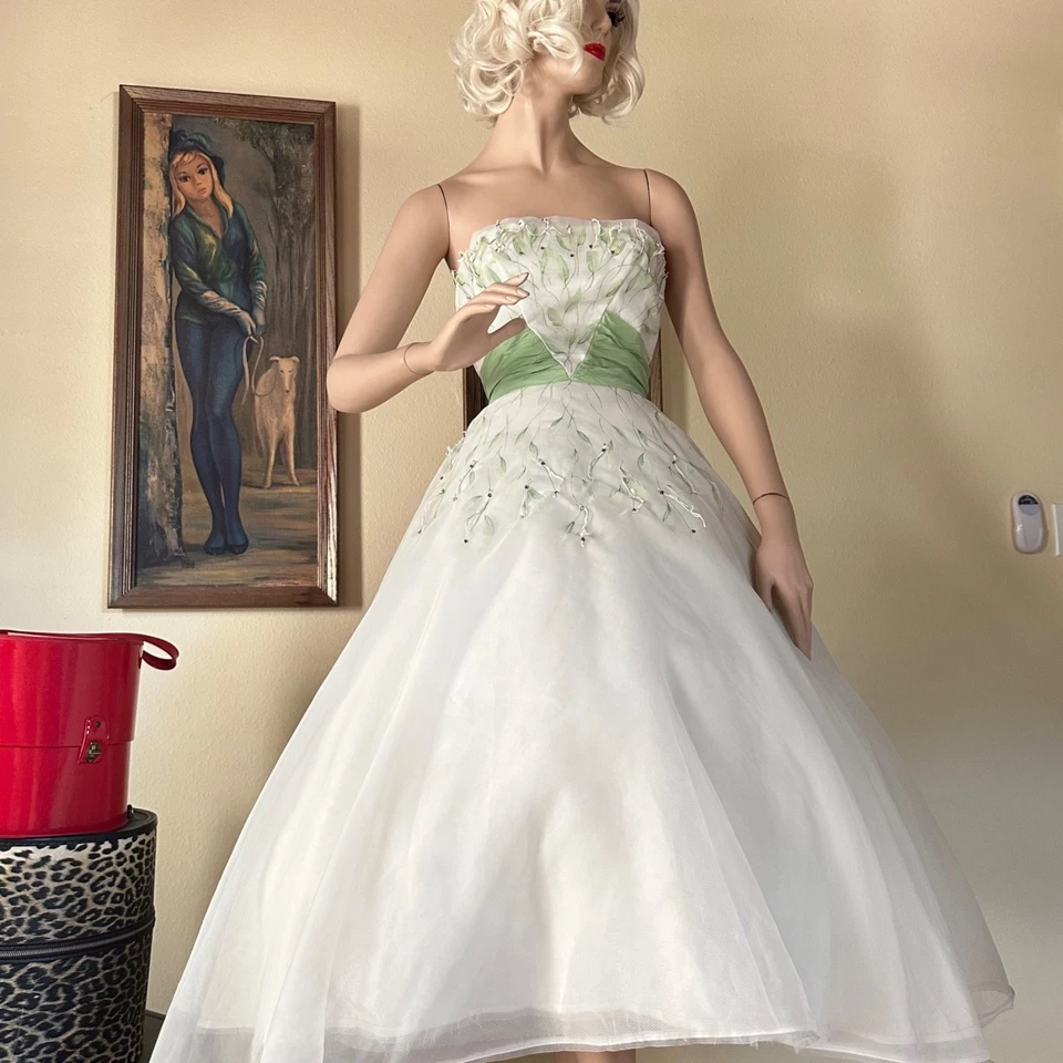 Vintage 1950s Fairy Tale Hand Painted Rhinestone Debutante Prom Dress Gown XXS - Image 3 of 4