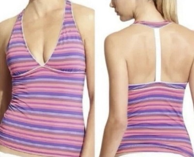 ATHLETA Tulum Size Small T-Back Swim Top Tankini Pink Purple Stripe Style 227798