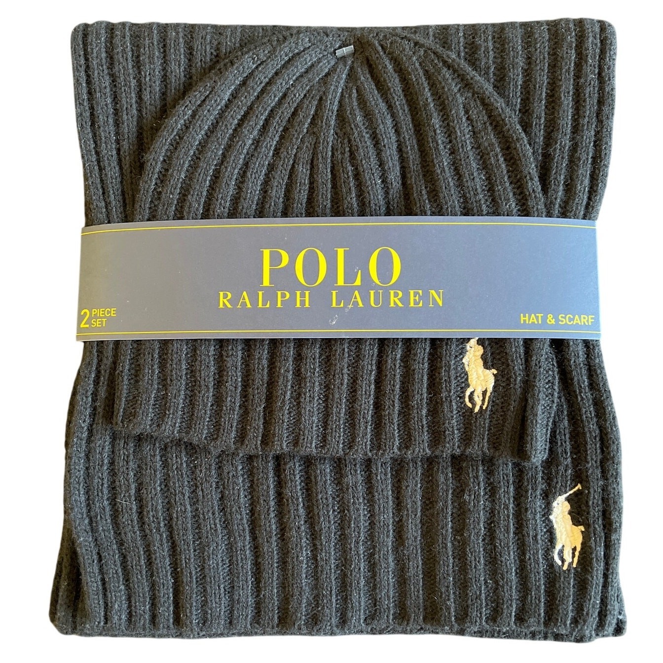 Cappello e sciarpa Polo Ralph Lauren misto lana nero classico pony costine maglia NUOVO