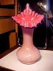 9 1/2" Tall Dusty Rose Fenton JIP Jack In The Pulpit Vase w/ Cobalt Blue Crest