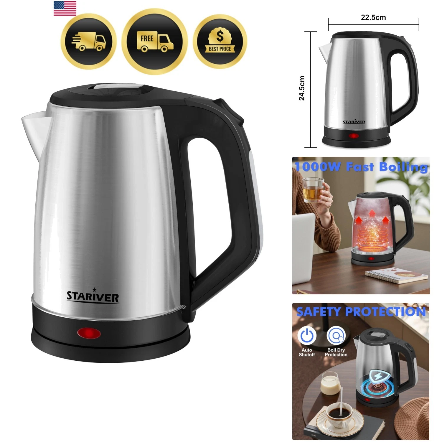 2.5L Large Electric Kettle, BPA Free Stainless Steel Water Heater, Fast Boil ...