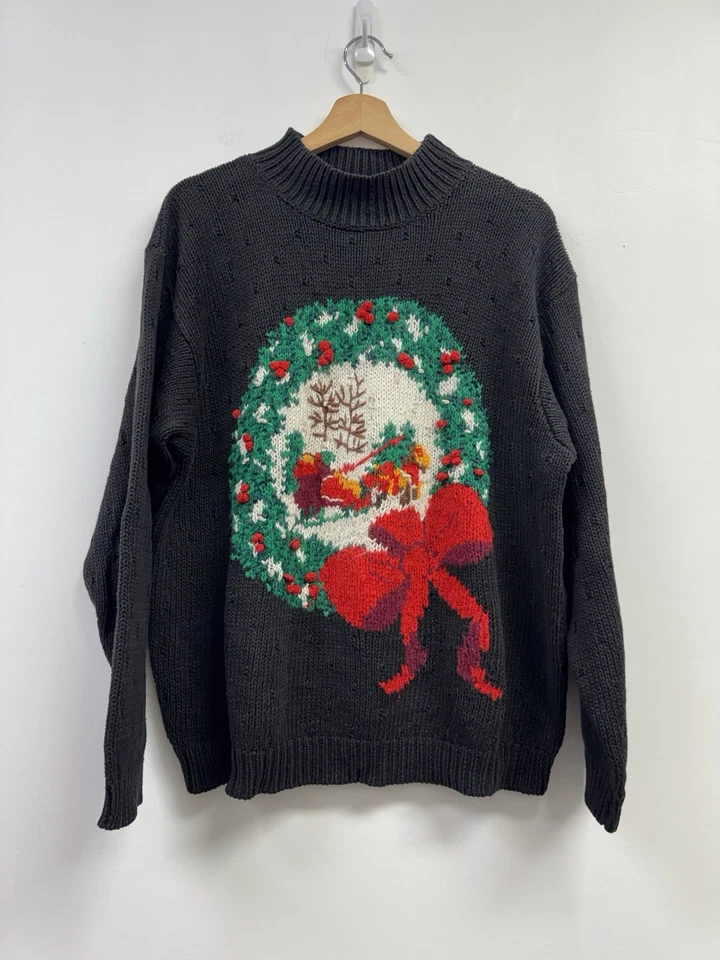 Suéter Feo Navidad De Colección Tejido a Mano Árbol de Vacaciones Coronas Mujer’s Lg. Algodón Foto 2 de 4