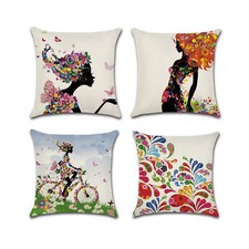 Set of 4 Pillow Covers 18x18, Butterfly Woman Pattern Design Cotton Linen Fabric