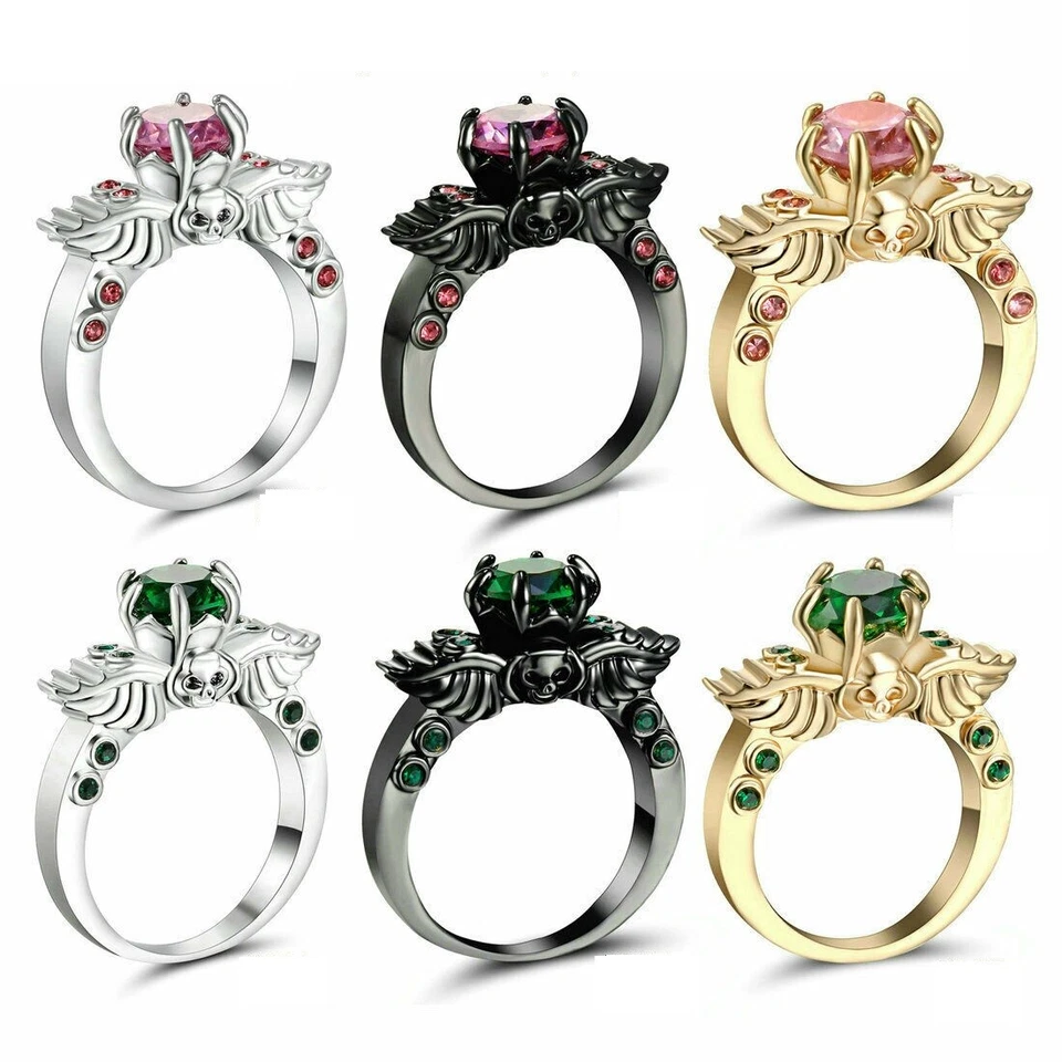 Кольцо с черепом и крылом с радужным топазом 14 карат с золотым покрытием размер США 5–11 бесплатная подарочная коробка - Изображение 2 из 4