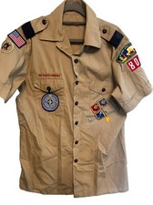 BSA Boy Scouts of America USA Tan Shirt Men LG Patches Short Sleeve Texas Alamo