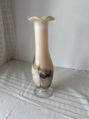 Vintage Dalian  Snowflakes  Vase Crimped Ruffled Top Pink Rainbow Swirled Cased