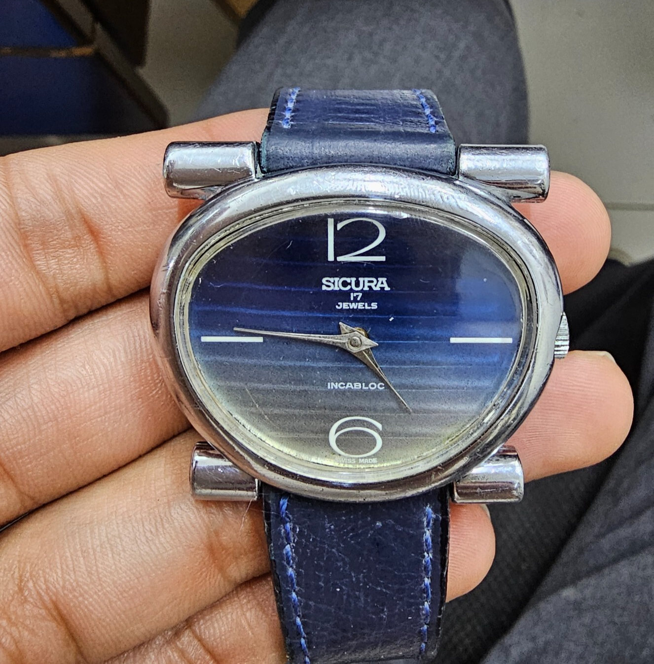 Rare Sicura by Breitling Blue Dial Jumbo Manual Wind Watch