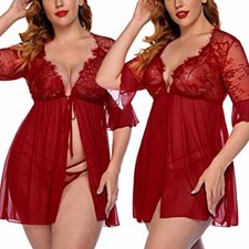 Plus Size Lingerie for Women Sheer Lace Open Front Robe Sexy Babydoll Chemise