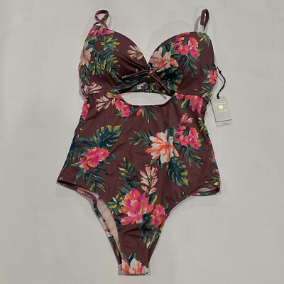 Women's Current Lightly Lined Keyhole Tie Front One Piece Swimsuit, Burgundy 34C
