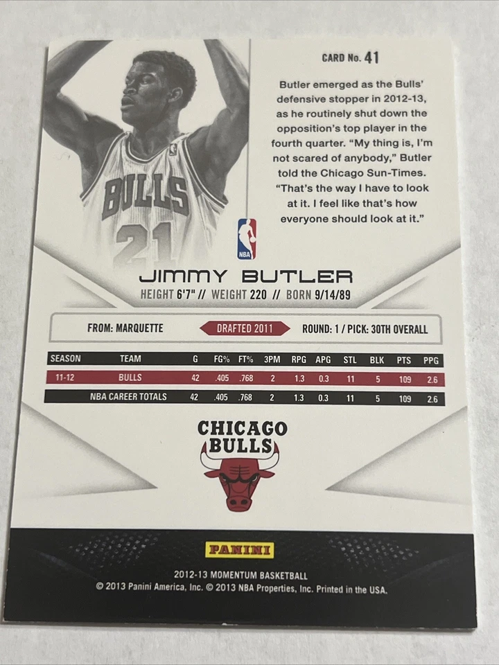 basketball card 2012-13 Panini Momentum Rookie Jimmy Butler No. 41 Chicago Bulls - Image 2 of 2