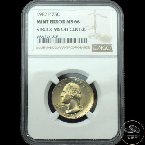 1987-P Washington Quarter~Mint Error~NGC MS66~Struck 5% Off Center~Rare Unc~!