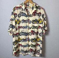 Vintage Paradise Found Men's Aloha Shirt XL Motocycle Short Sleeve Wooden Button