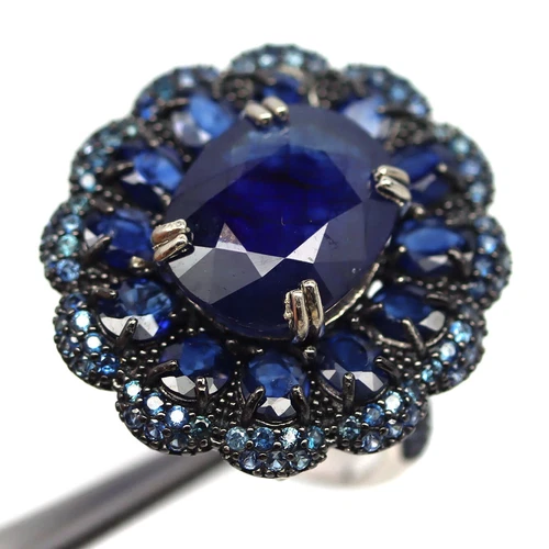 Gemstone Heated Blue Sapphire Two Tone Vintage Ring 925 Silver Size 7.75