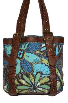 VINTAGE ISABELLA FIORE RARE FLOWER POWER JAN TURQUOISE BEADED BROWN LEATHER $695