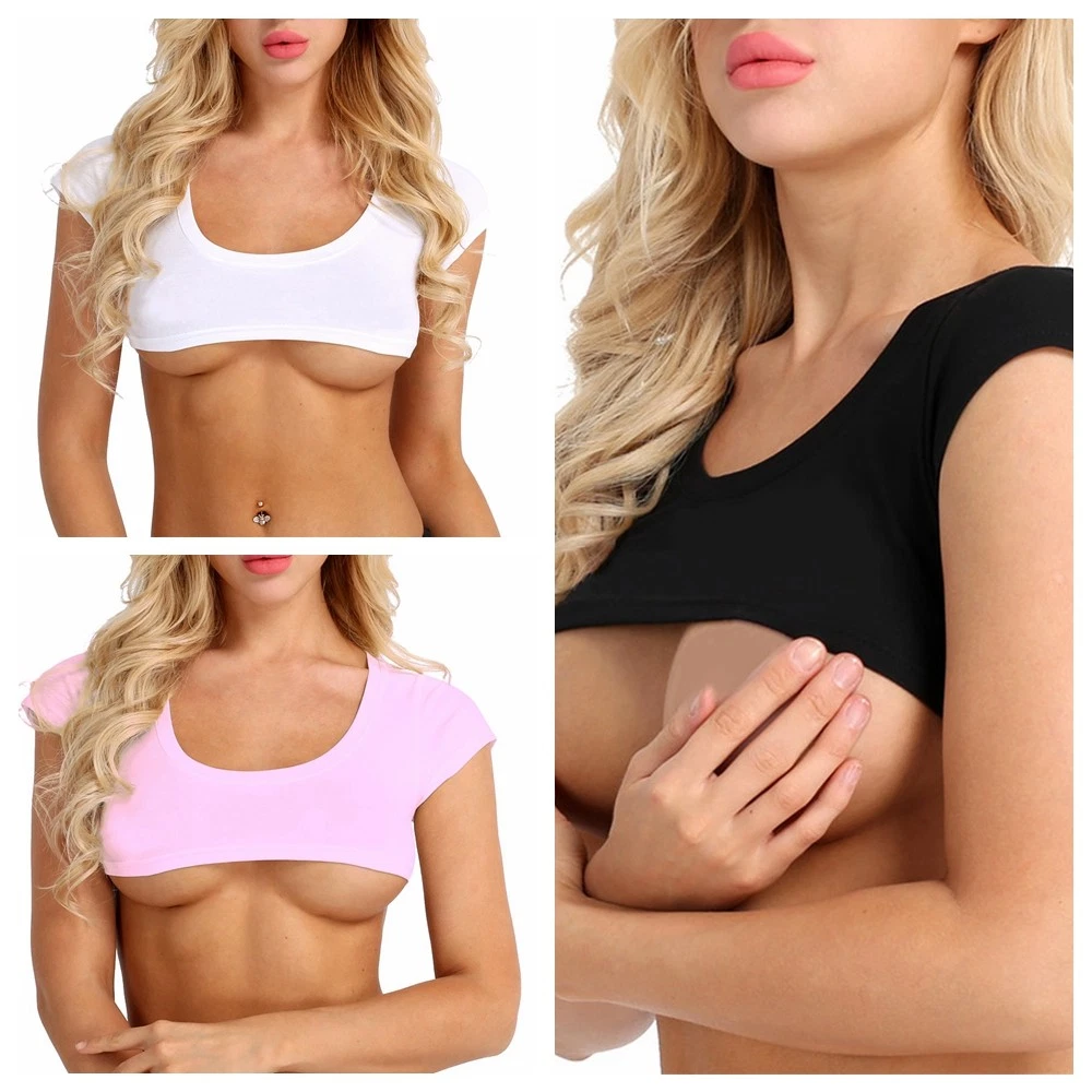 Women No Bra Cotton Short Sleeve Crop Top Pullover T-Shirt Tee