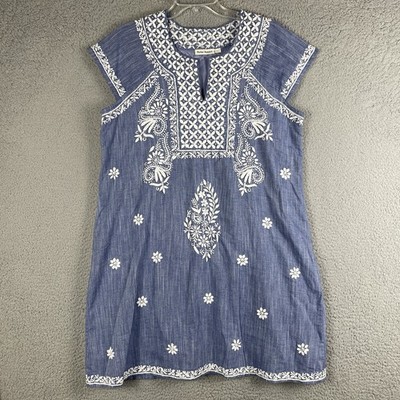 Roller Rabbit Faith Dress Womens L Blue Chambray White Embroidery Lined Beachy
