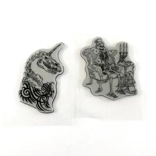 Stampendous Unicorn Skull CRP333 and Seated Skeleton Halloween Cling Stamp LOT