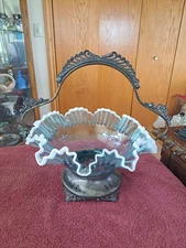 Aqua Blue Silvercrest Ruffled Antique Brides Bowl With Metal Footed Basket